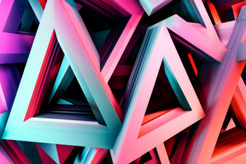 Illustration of multiple triangles in bold colors stacked on top of each other, forming a harmonious yet bold abstract design. The sharp angles and complementary colors create a dynamic, geometric