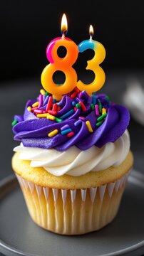 83 birthday. Colored cupcake with whipped cream, sprinkles. candles number 83