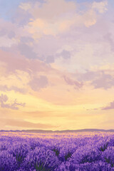 Obraz premium Illustration of a vast field of lavender stretching to the horizon under a soft golden sunset. The colors of the sky blend seamlessly with the purple hues of the flowers, creating a peaceful and