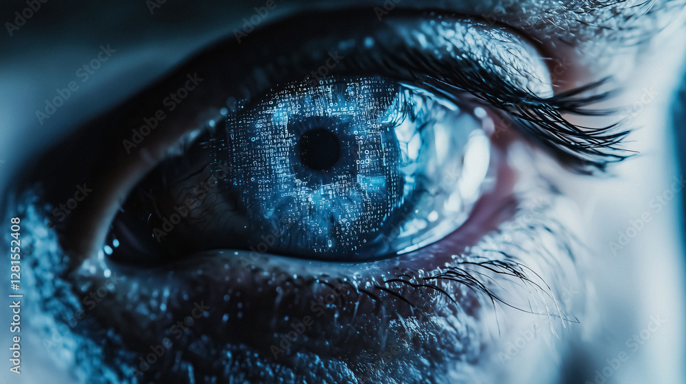 Poster Close up of human eye with digital binary code reflected in iris technology and vision