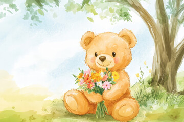 Illustration of a soft teddy bear holding a bouquet of flowers while sitting under a tree in a sunny park. The warm, gentle colors and the soft, comforting design make this an ideal image for baby or