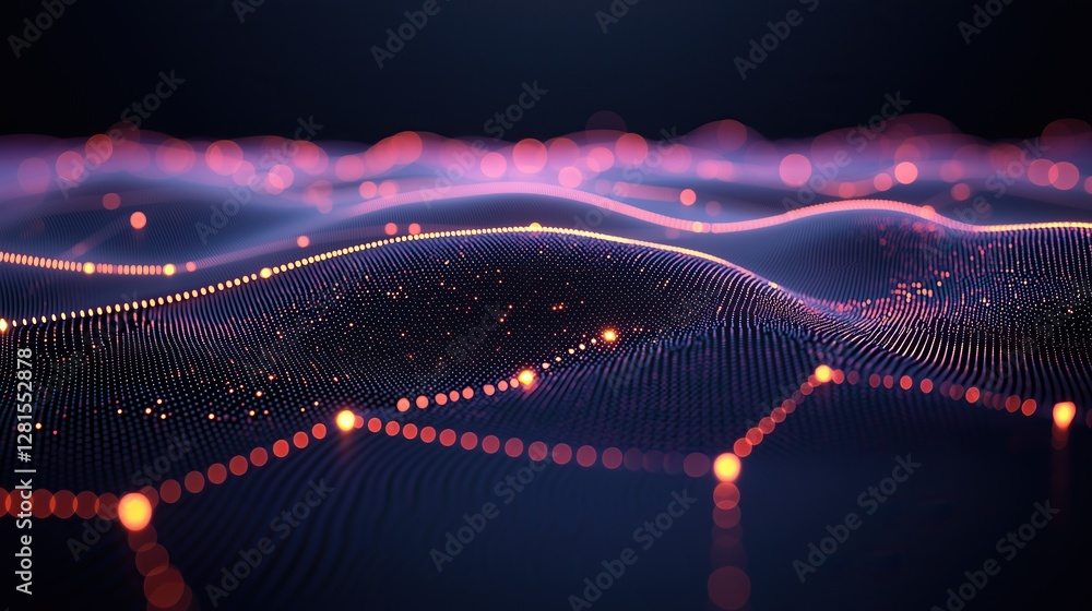 Poster Abstract data visualization with glowing particles forming waves and interconnected networks in digital realm