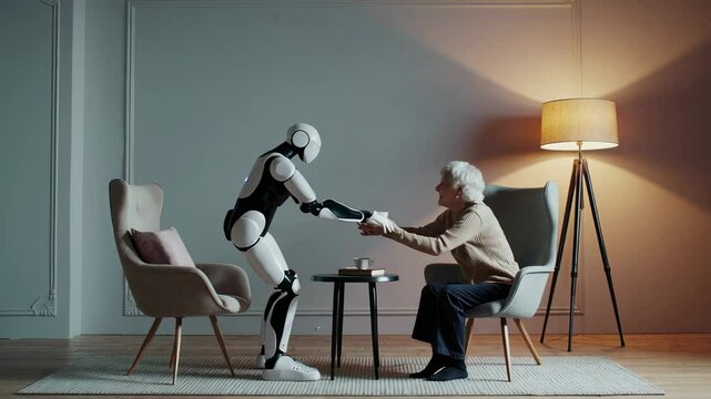 Humanoid robot gently presenting cup of tea to seated senior woman, demonstrating advanced robotic assistance and innovative elderly care technology in supportive interaction
