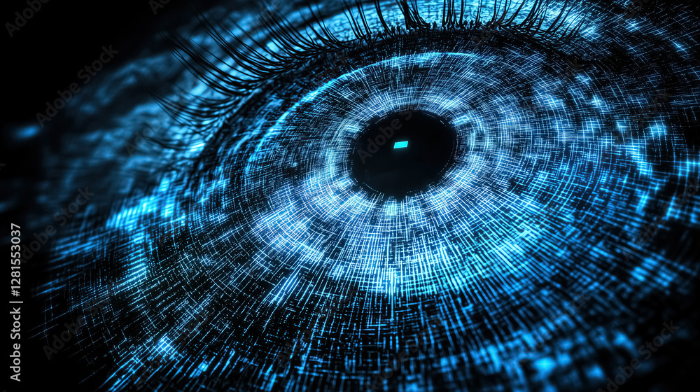 Poster High tech digital eye with glowing circuit patterns close up view of human robot eye artificial eye