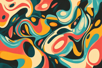 Illustration of a swirling, abstract composition with organic shapes and bright contrasting colors like teal, coral, and yellow. The energetic design creates a dynamic and bold statement piece,