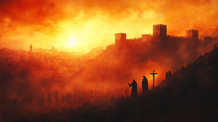 Fototapeta premium A panoramic view of the suffering, Jesus and two disciples on crosses, Herod's castle and Jerusalem’s cityscape stretching into the distance,