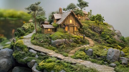 Fototapeta premium Miniature rural village with a wooden house, dense greenery, and winding pathways, resembling a fairy-tale setting.