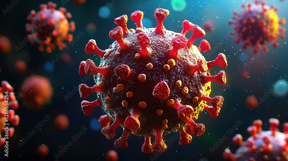 Aufkleber Microscopic rendering of corona covid 19 hmpv virus particle showing structure with additional viruses in background