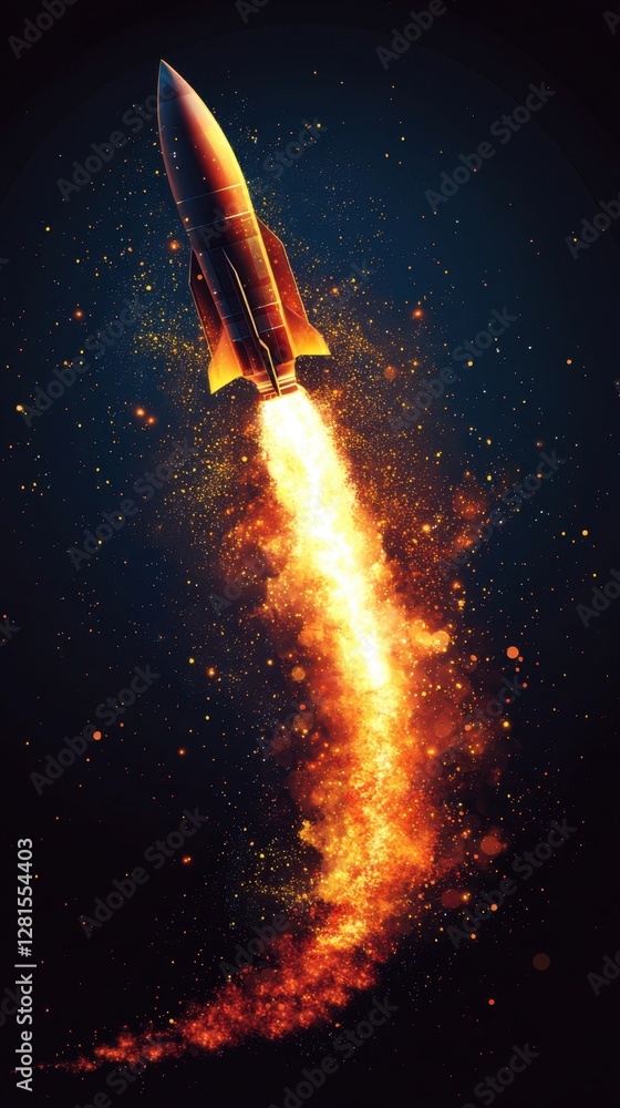 Poster rocket soaring through the cosmic expanse igniting a fiery trail against the dark backdrop of space 