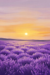 Illustration of a vast field of lavender stretching to the horizon under a soft golden sunset. The colors of the sky blend seamlessly with the purple hues of the flowers, creating a peaceful and