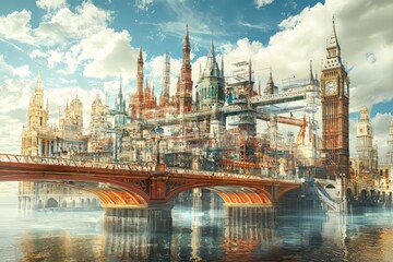 Obraz premium Futuristic London cityscape blending Gothic and modern architecture with surreal structures, bridges, and reflections under a bright sky. AI generative.