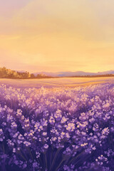 Fototapeta premium Illustration of a vast field of lavender stretching to the horizon under a soft golden sunset. The colors of the sky blend seamlessly with the purple hues of the flowers, creating a peaceful and