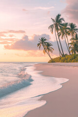 Fototapeta premium Illustration of a tropical beach at sunrise, with gentle waves lapping at the shore and palm trees swaying in the breeze. The soft pastel colors in the sky reflect the early light, giving the scene a