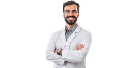 Pharmacist in a white coat, standing confidently in a professional setting, friendly and professional expression, isolated PNG