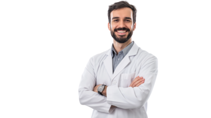 Pharmacist in a white coat, standing confidently in a professional setting, friendly and professional expression, isolated PNG