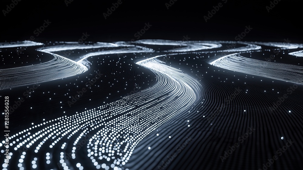 Poster abstract landscape of glowing particles forming curving lines digital futuristic representation