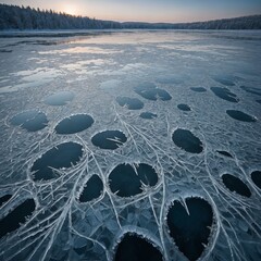 A magical frozen lake with ice cracks forming intricate patterns.