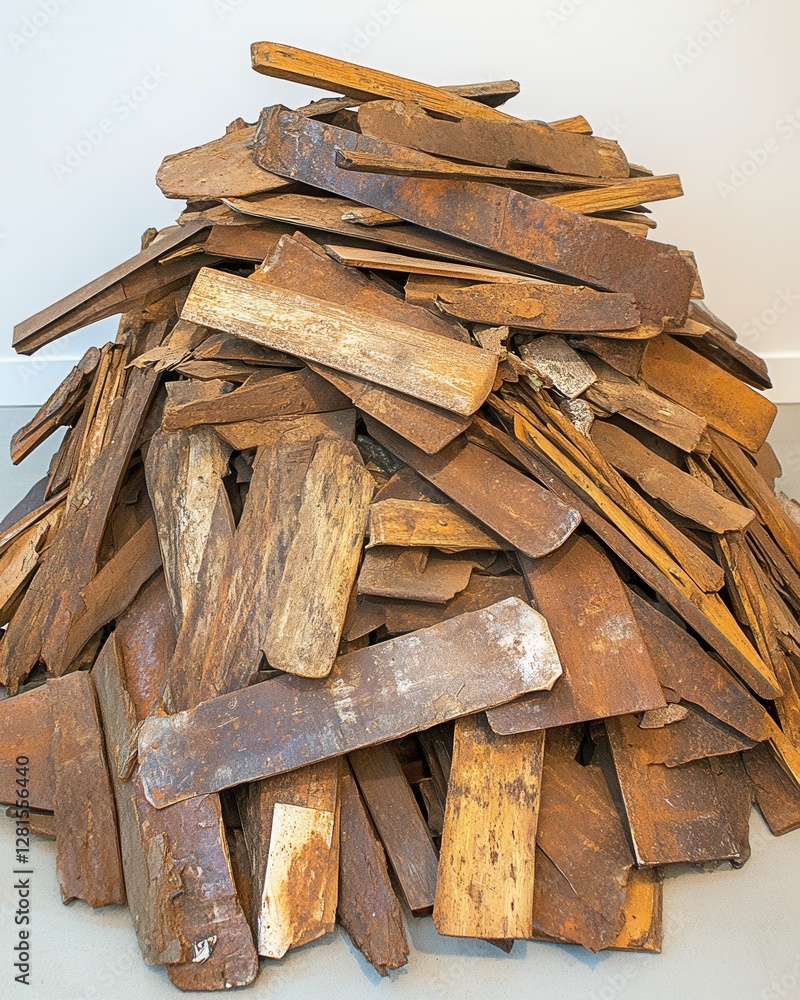 Poster rustic wood pile close up showing weathered textures and colors in a studio setting with soft lighti