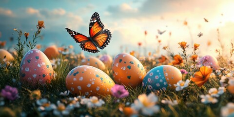 Colorful Easter eggs and a butterfly in a vibrant flower field during sunset