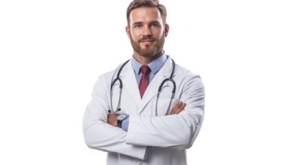 Pharmacist in a white coat, standing confidently in a professional setting, friendly and professional expression, isolated PNG