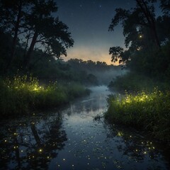 A fog-covered riverbank with fireflies glowing in the distance.