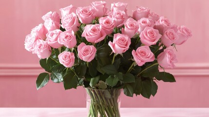 Obraz premium Beautiful bouquet flowers pink roses in vase on pastel pink background table. Birthday, Wedding, Mother's Day, Valentine's day, Women's Day. Front view