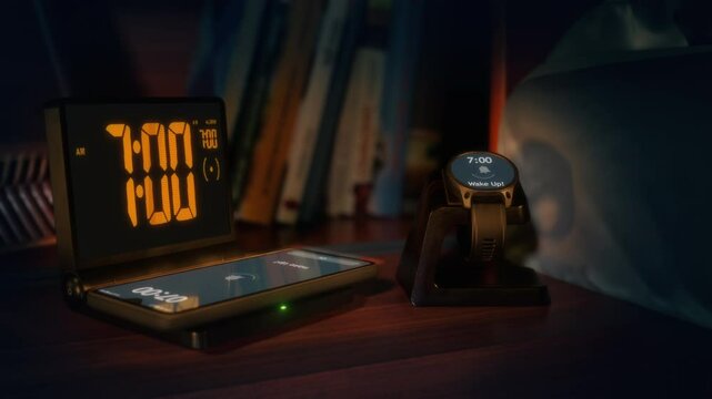 Digital alarm clock with phone charger and smart watch are waking up at 7 AM. The numbers on the clock screen changes from 6:59 to 7:00AM. Alarm goes off on the charging phone and the smart watch also