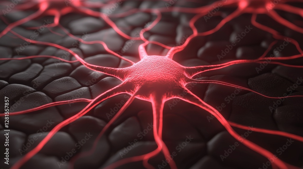 Poster efficiency increase speed analysis concept. neuron with glowing red connections on textured backgrou