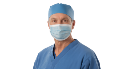 Experienced male surgeon in blue scrubs, protective mask around the neck, focused yet approachable, isolated PNG