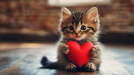 A cute kitten holding a heart in its paws
