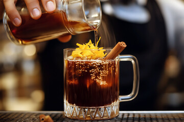 A bartender pouring hot mulled wine into a transparent glass mug, with a decorative orange zest and cinnamon garnish.