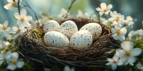 Obraz premium Nest with speckled eggs surrounded by white flowers in a serene setting during springtime