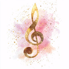 Golden treble clef with colorful watercolor splashes and glitter.