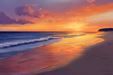 Illustration of a sandy beach at sunset, with the sky painted in hues of orange, pink, and purple. The waves gently lap at the shore, and the last rays of sunlight cast a warm glow over the peaceful