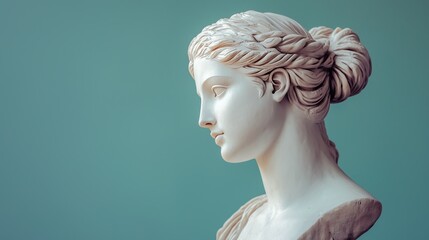 Marble Bust of medieval Woman Close up profile of elegant sculpted beauty against teal backdrop Ancient art
