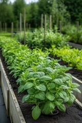 Lush green basil plants growing in a raised garden bed, surrounded by fresh herbs and vegetables. A vibrant and organic farming concept.


