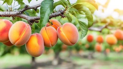 branch of an apricot tree with ripe fruits hanging, captured in natural sunlight with a blurred background. apricot tree branch, ripe fruits, natural sunlight, blurred background, fresh fruit, 