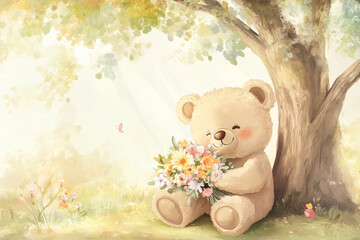 Illustration of a soft teddy bear holding a bouquet of flowers while sitting under a tree in a sunny park. The warm, gentle colors and the soft, comforting design make this an ideal image for baby or