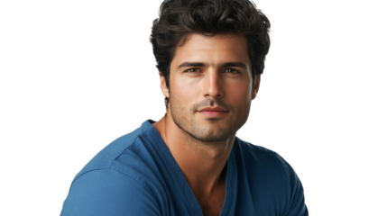 Experienced male surgeon in blue scrubs, protective mask around the neck, focused yet approachable, isolated PNG