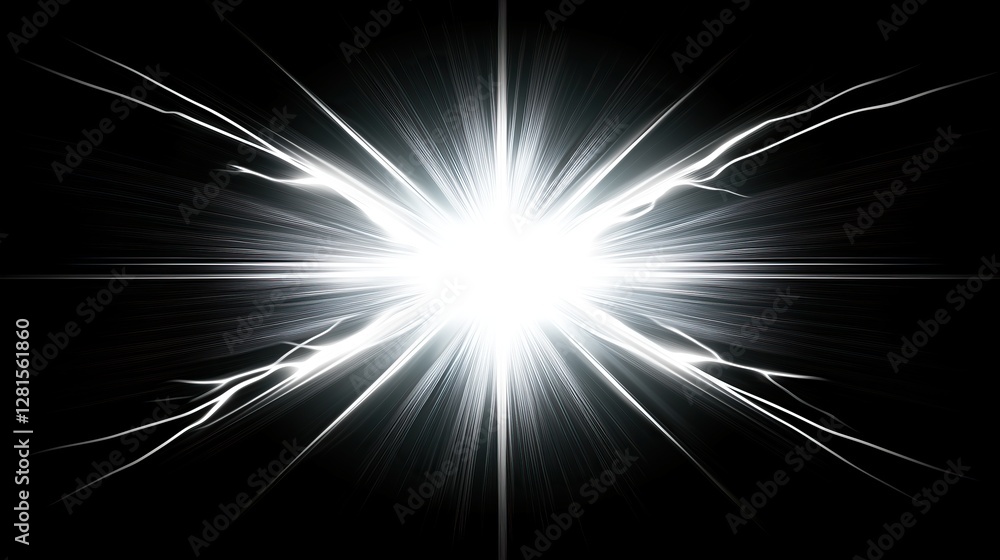 Poster burst of bright white light emanates from central point against stark black background