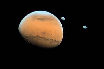 Obraz premium Captivating view of Mars and its moons Phobos and Deimos against the backdrop of deep space astronomy photography