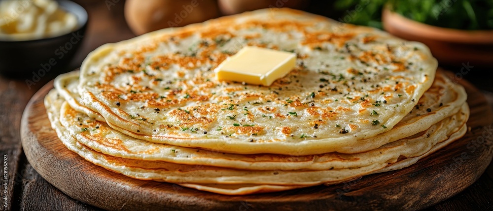 Poster delicious homemade pancakes with melting butter on a rustic wooden board capturing a warm and inviti