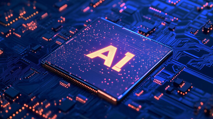 Close up of a high tech computer chip, test "AI" in the middle of the chip. High end technology. Close up of a semiconductor. Future technology. Future becoming reality.