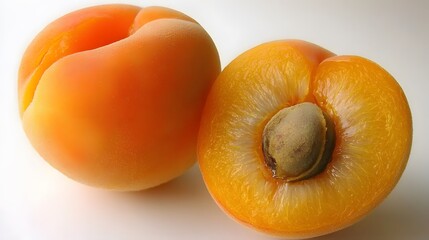single apricot with a visible pit inside, isolated on a white background. The fruit is captured in full detail, with emphasis on its smooth surface and glossy finish. single apricot, visible 