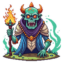 Fototapeta premium Pixel Art Undead Sorcerer Holding Flaming Staff in Fantasy Dark Magic Theme