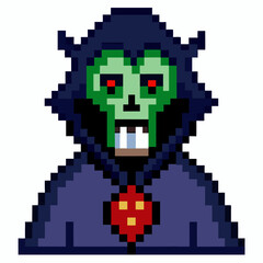 Fototapeta premium Pixel Art Vampire Retro Green Face with Red Eyes and Black Cloak