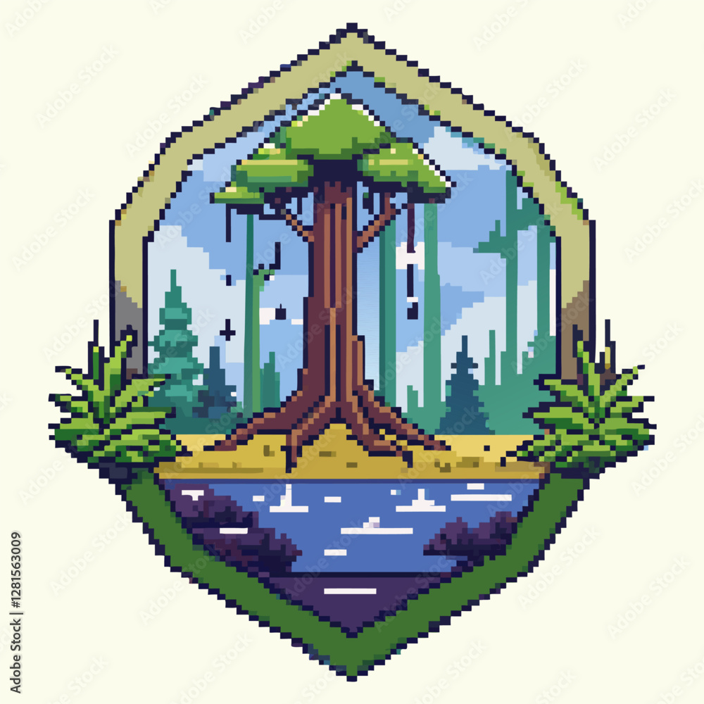 Aufkleber retro pixel art forest scene with giant tree and scenic lake in hexagonal frame