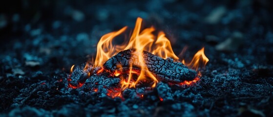 Intense flames dance around charred wood in a mesmerizing display of heat and light against a dark backdrop