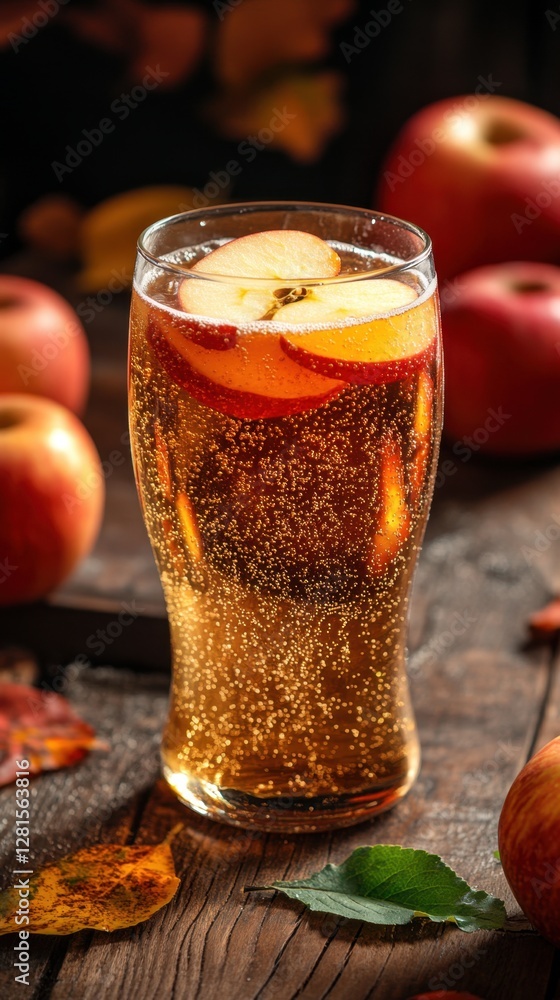 Poster refreshing apple cider drink with sliced apples on a rustic wooden table capturing the essence of au