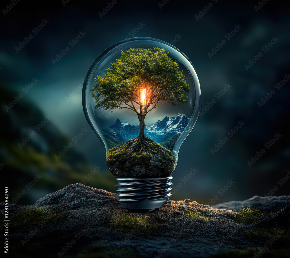Poster this captivating image merges nature and innovation, featuring a luminous tree within a lightbulb, s